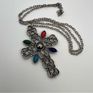 Avon Romanesque 24 inch 1972 silver tone filigree signed cross necklace